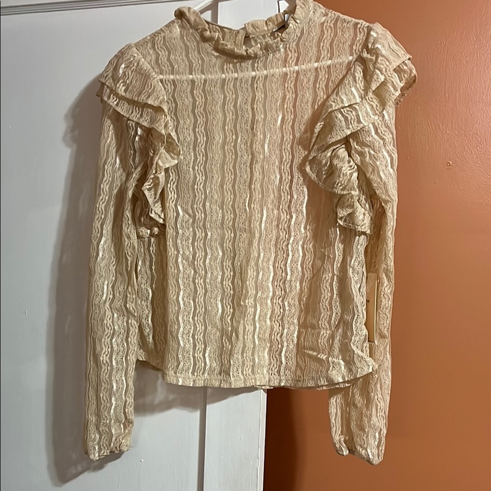 Cream Ruffled Long Sleeve Bib Collar Blouse